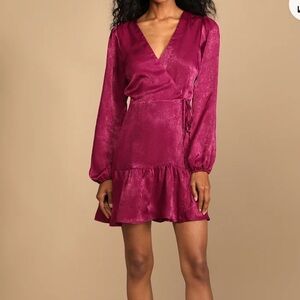 Lulu's Satin Wrap Mini Dress in Magenta - Size M